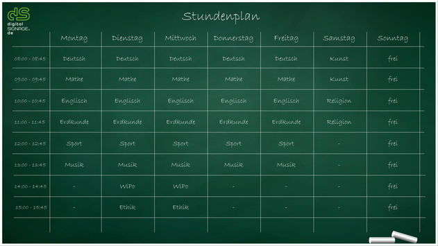 Digital Signage Vorlage Stundenplan für Schulen und Hochschulen
