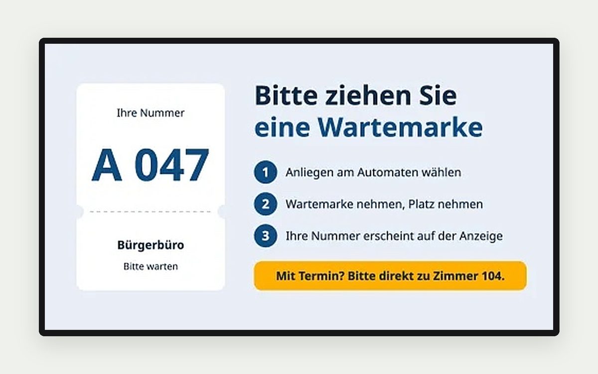 Digital Signage Vorlage „Bitte Wartemarke ziehen“ – Behörden & Verwaltung