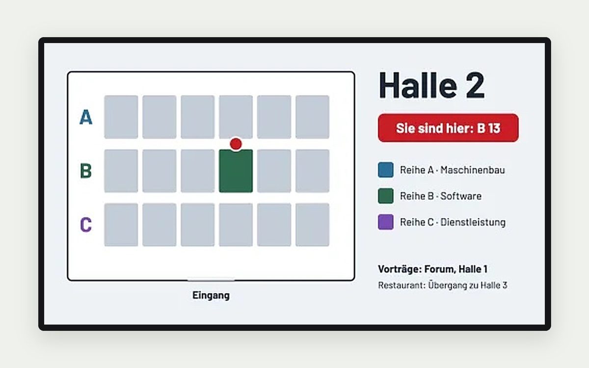 Digital Signage Vorlage „Hallenplan – Sie sind hier“ – Empfang, Hotel & Messe