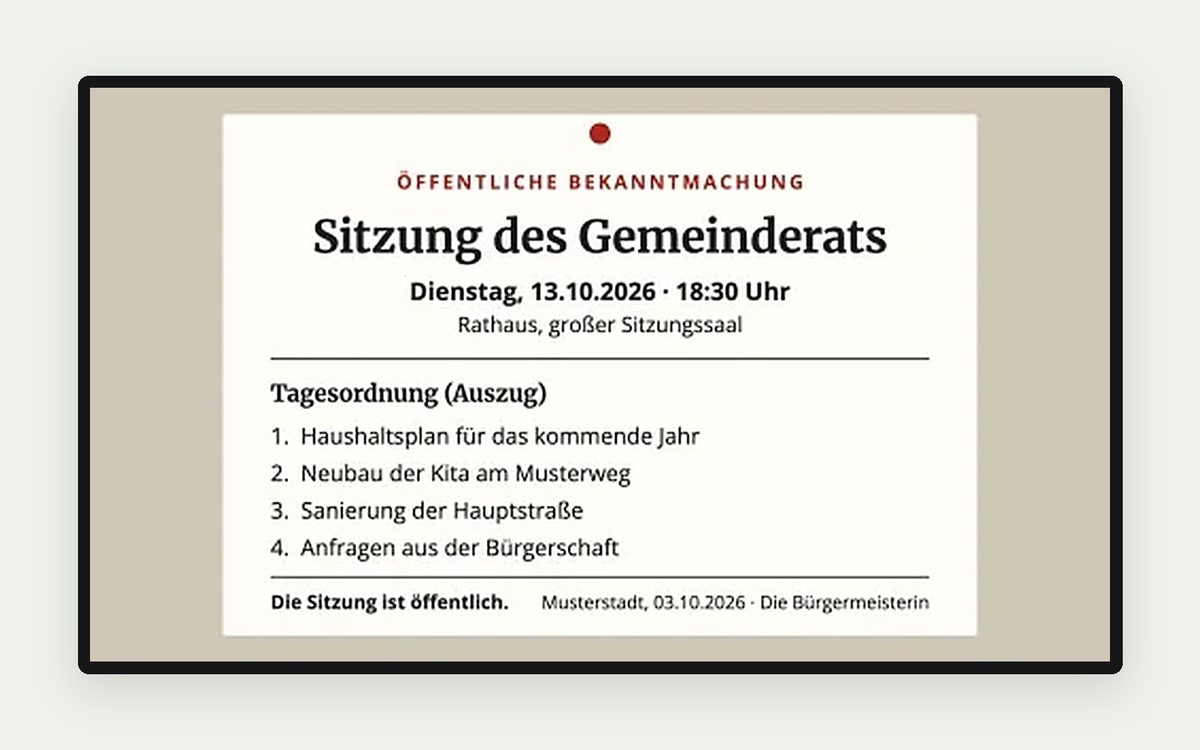Digital Signage Vorlage „Öffentliche Bekanntmachung“