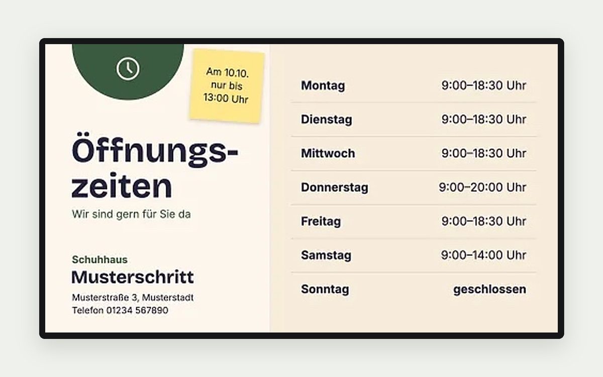 Digital Signage Vorlage „Öffnungszeiten“ – Räume & Service