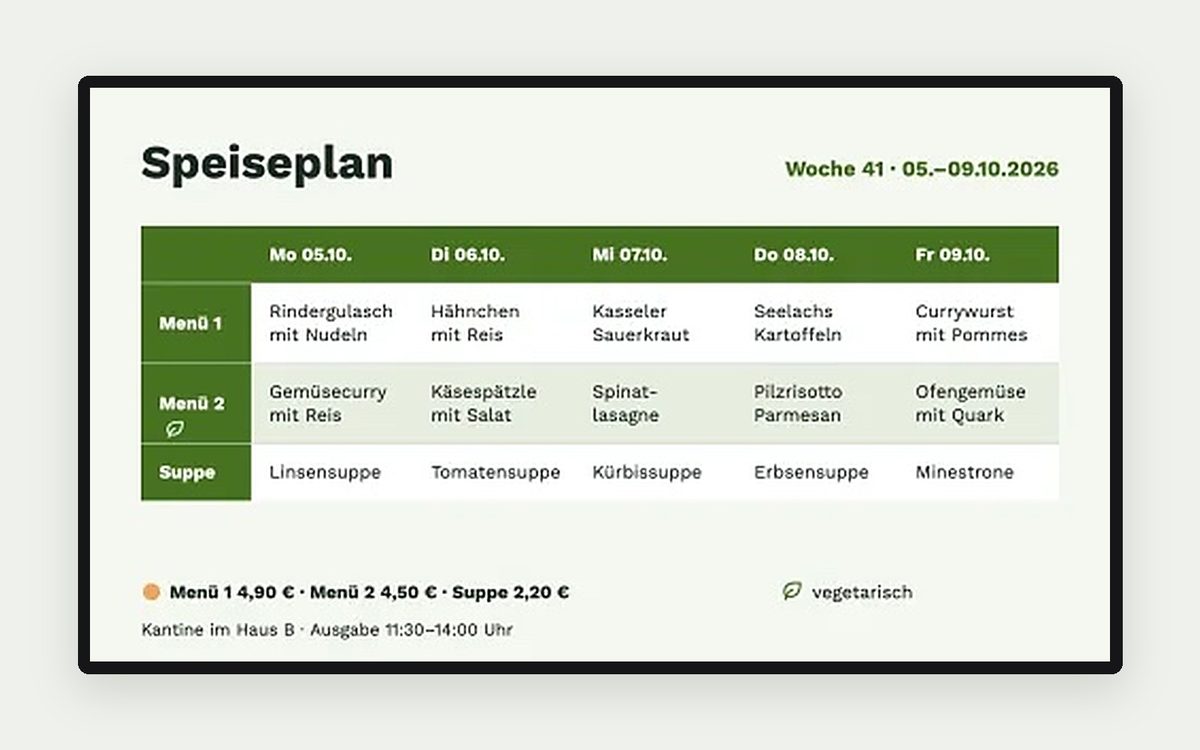 Digital Signage Vorlage „Speiseplan Kantine“ – Handel & Gastronomie