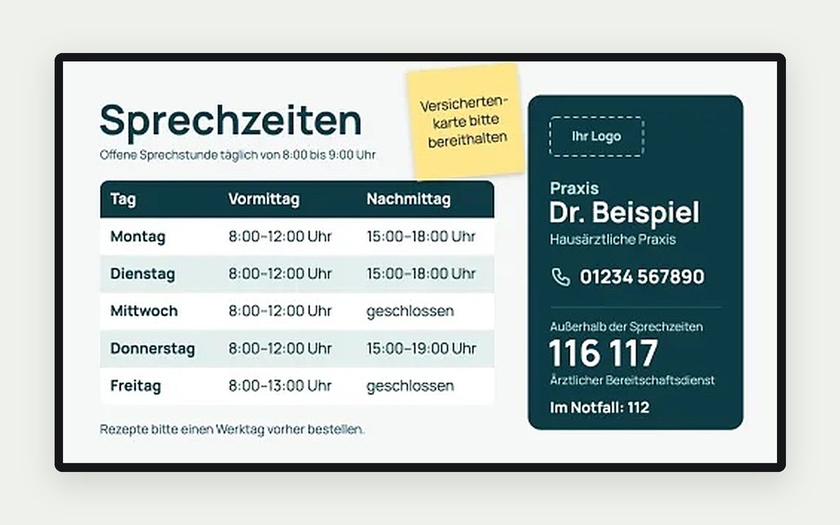 Digital Signage Vorlage „Sprechzeiten Praxis“ – Gesundheit & Bildung