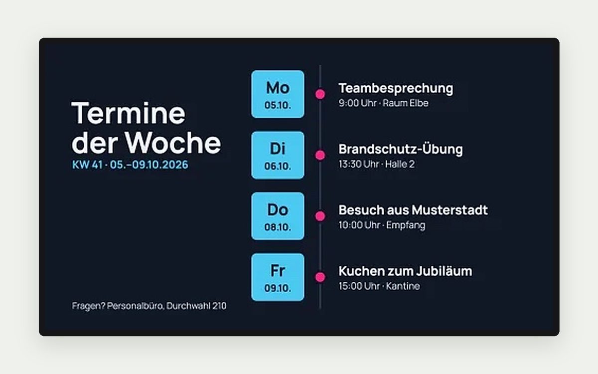 Digital Signage Vorlage „Termine der Woche“ – Räume & Service