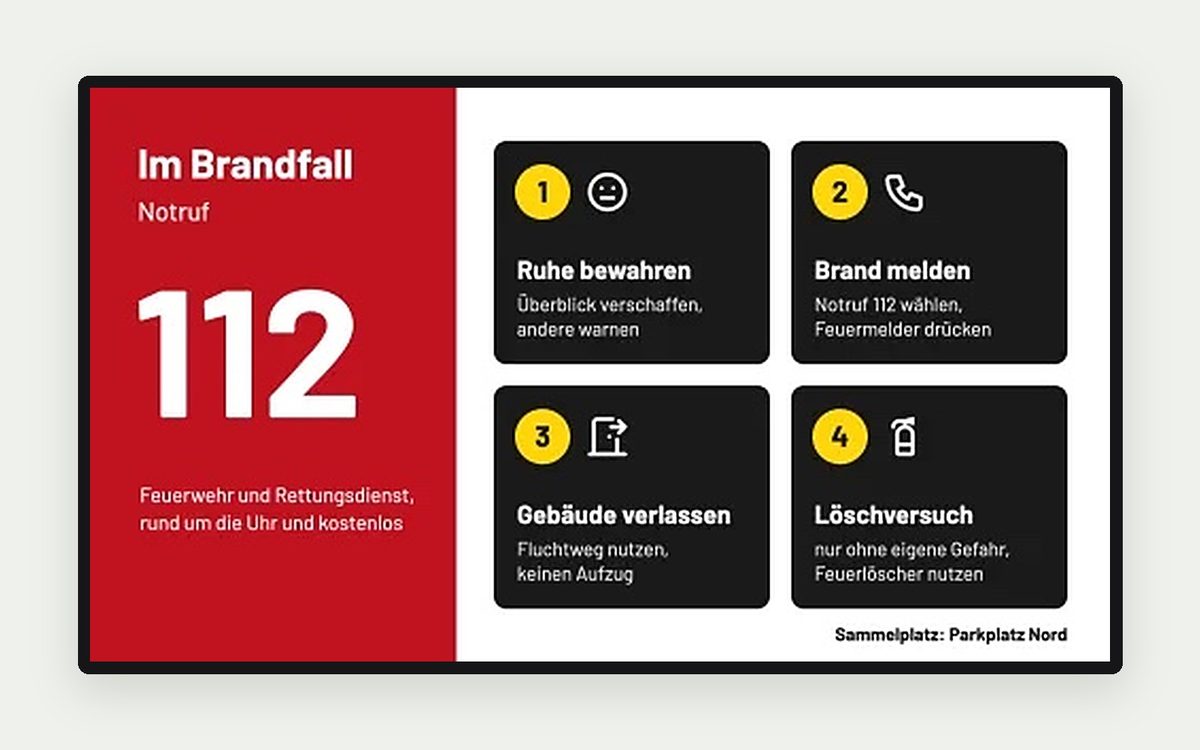 Digital Signage Vorlage „Verhalten im Brandfall“ – Unternehmen & Industrie