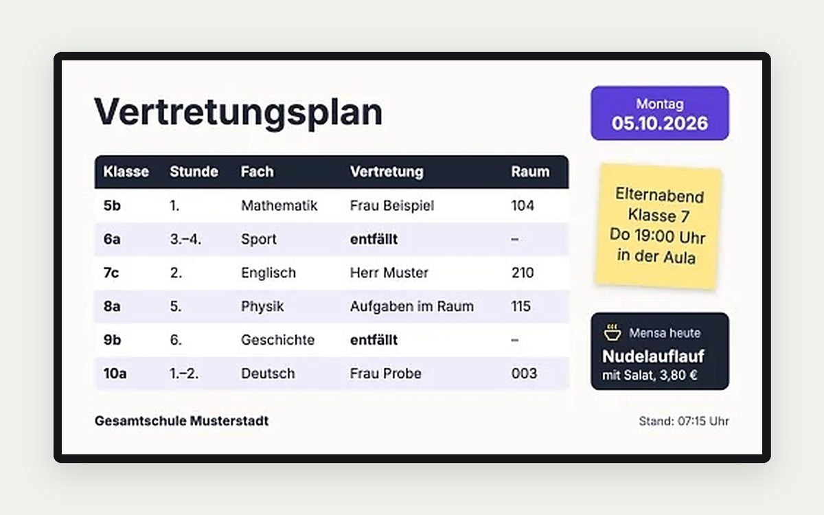 Digital Signage Vorlage „Vertretungsplan“ – Gesundheit & Bildung