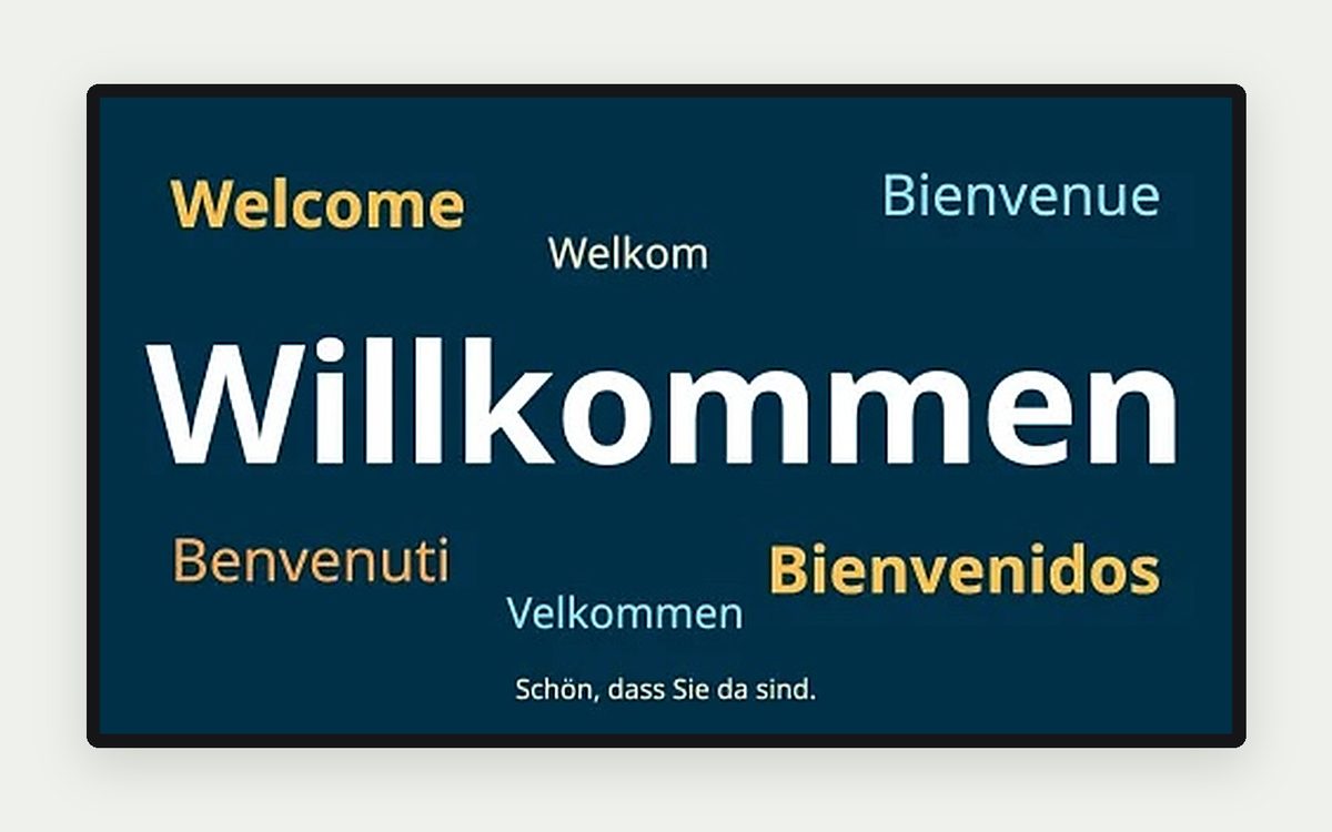 Digital Signage Vorlage „Willkommen in vielen Sprachen“ – Empfang, Hotel & Messe